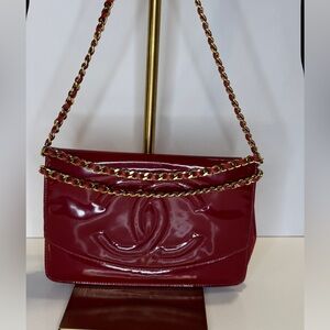 Vintage CHANEL Shiny Red WOC Bag with 24k dipped Gold Chain